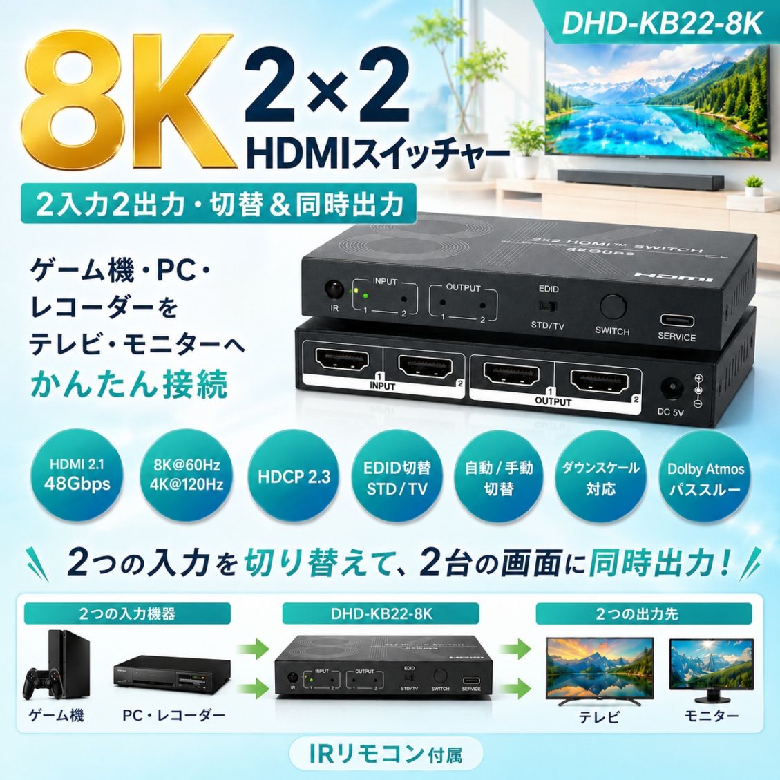 DAIAD 8K HDMI 切替 分配器 [2入力2出力 / 4K 120Hz VRR / HDCP 2.3対応] HDMI2.1 48Gbps セレクター スイッチャー スプリッター