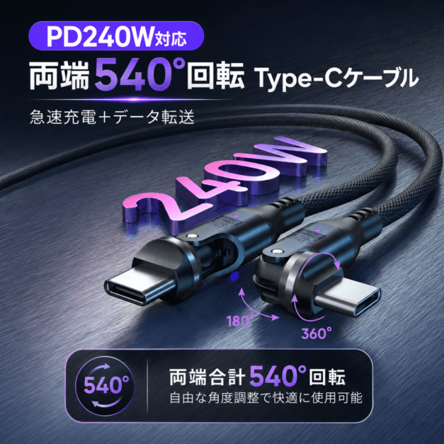 DAIAD Type-C ケーブル PD240W対応 両端540度回転 USB-C to USB-C 48V/5A E-Marker搭載 充電 データ転送 480Mbps ナイロン編み ブラック 1m 1.8m