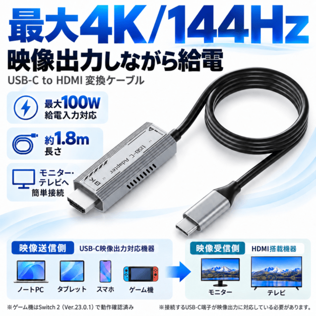 DAIAD USB-C HDMI 変換ケーブル 4K/144Hz 100W対応 約1.8m　DYC-USBC-HDMI-8K