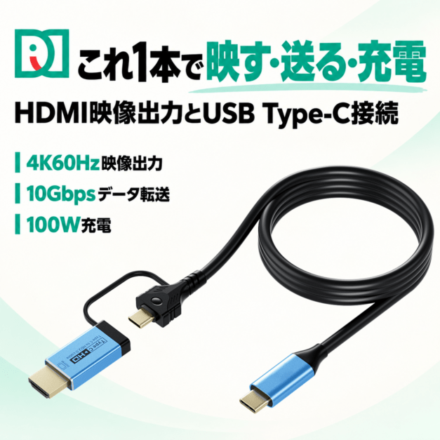 DAIAD USB タイプC HDMI変換アダプター一体型ケーブル 4K60Hz FHD120Hz 最大10Gbps 最大100W E-Marker搭載 1.8m  Type-C HDMI変換 Type-C充電ケーブル DYC-USBC-HDMI-4KC