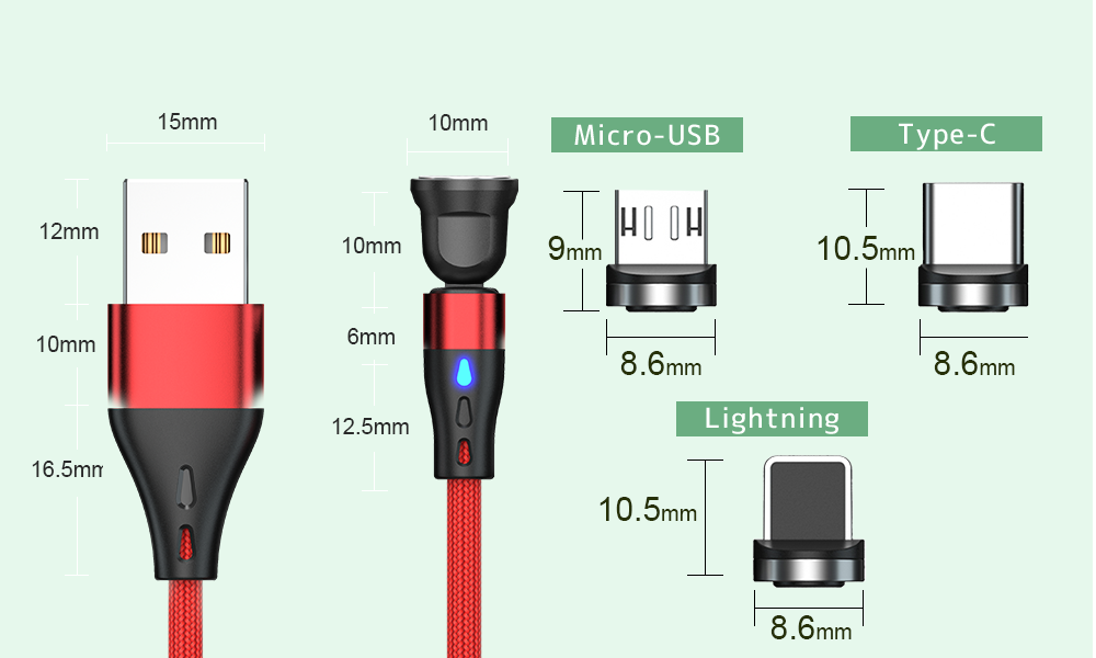 【7PIN ケーブルのみ】マグネット充電ケーブル 急速充電 データ転送 QC3.0 iPhone Lightning MicroUSB Type-C ナイロン LED