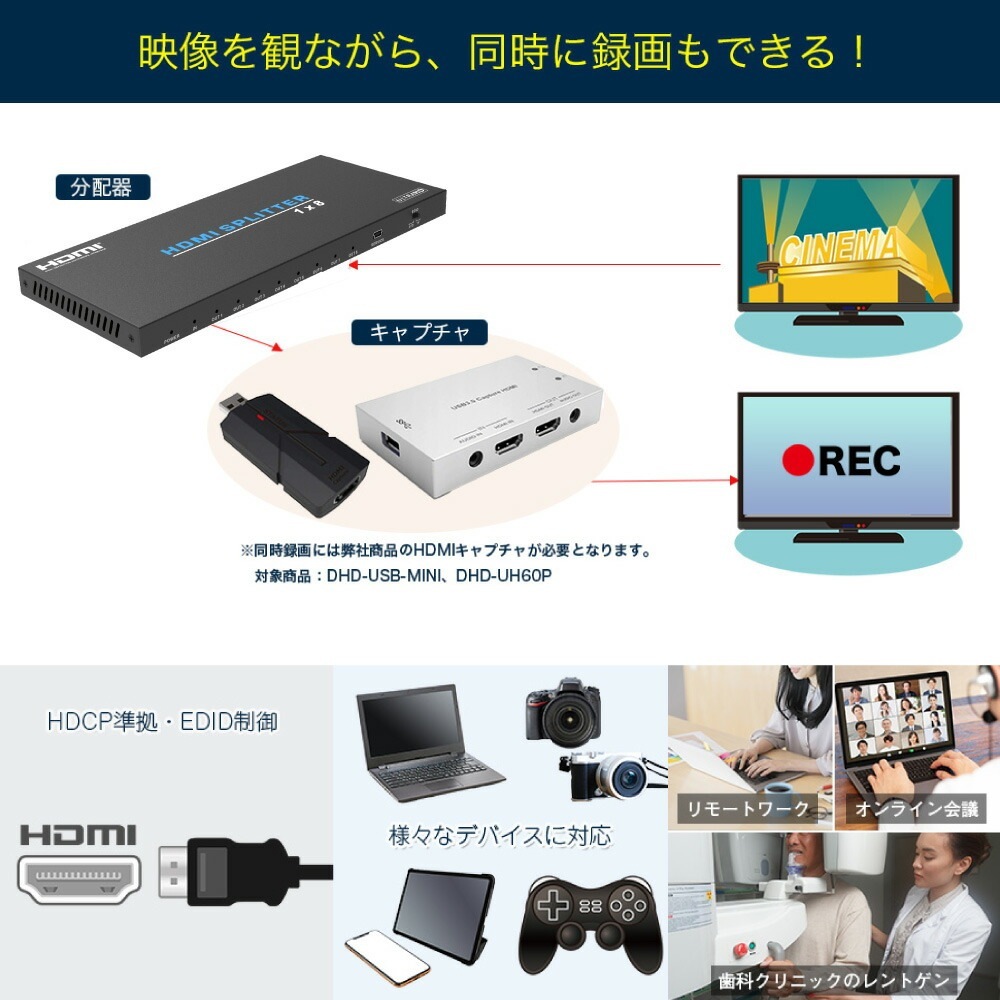 【HDCPパススルー + 同時出力】HDMI分配器 4K@60Hz 1入力8出力 HDR  HDCP2.3 18Gbps スプリッター EDID PS5 Xbox 1080P@120Hz BDレコーダー キャプチャ