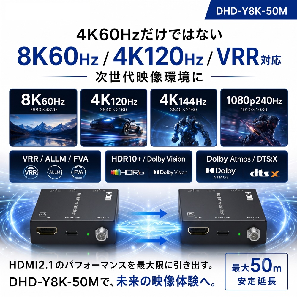 HDMI延長器 8K60Hz 4K120Hz VRR対応 CAT6 50m HDMI2.1 48Gbps PoC給電対応 双方向IR対応 エクステンダー DHD-Y8K-50M