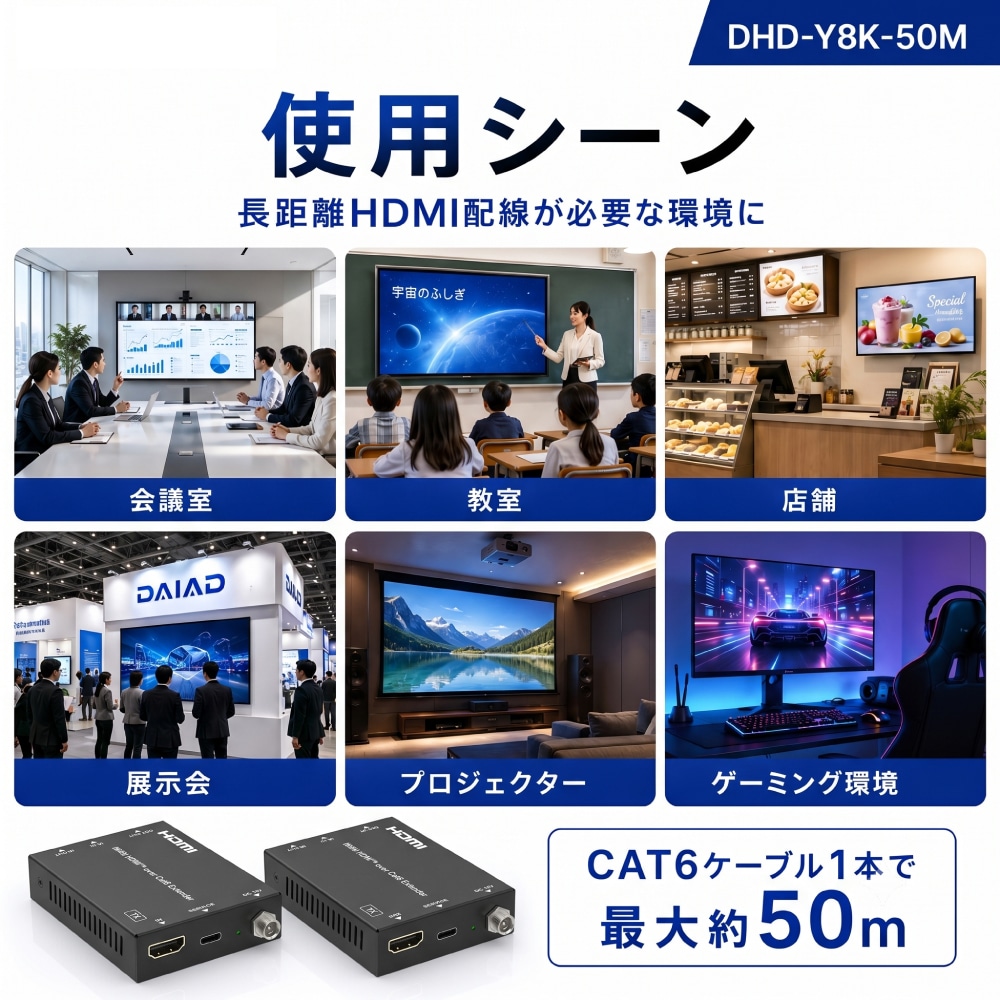 HDMI延長器 8K60Hz 4K120Hz VRR対応 CAT6 50m HDMI2.1 48Gbps PoC給電対応 双方向IR対応 エクステンダー DHD-Y8K-50M