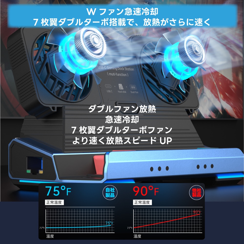 Switch2対応 USB-C 9in1 ドッキングステーション 冷却ファン付き HDMI2.0 PD充電 有線LAN USBハブ SD/TFカード対応 【Switch2 V22.1.0 確認済み】