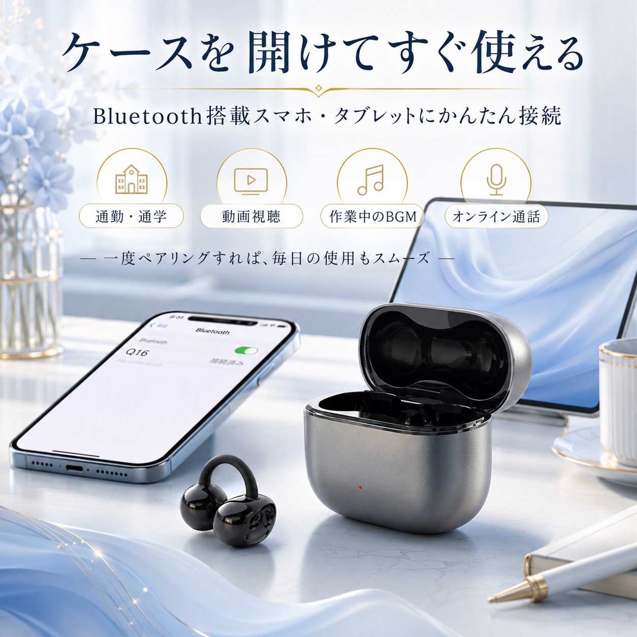 ワイヤレスイヤホン 耳挟み型 オープンイヤー Bluetooth6.0 防水 IPX4 低遅延 自動接続 タッチ操作 軽量 スポーツイヤホン HIFI 高音質