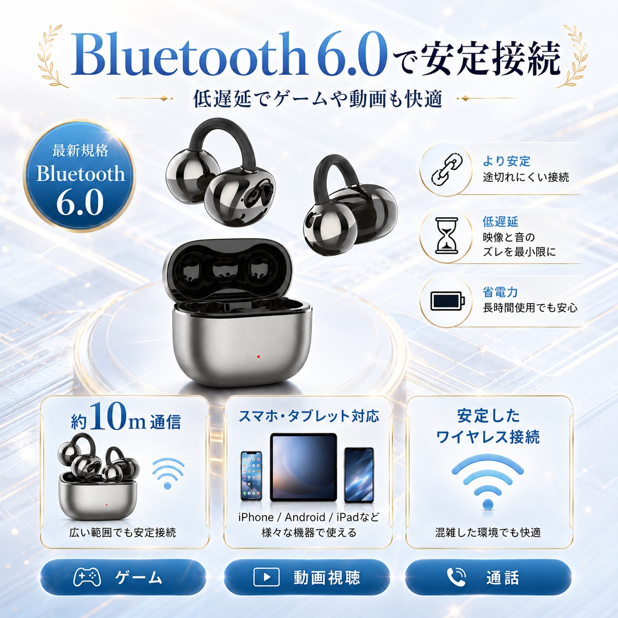 ワイヤレスイヤホン 耳挟み型 オープンイヤー Bluetooth6.0 防水 IPX4 低遅延 自動接続 タッチ操作 軽量 スポーツイヤホン HIFI 高音質