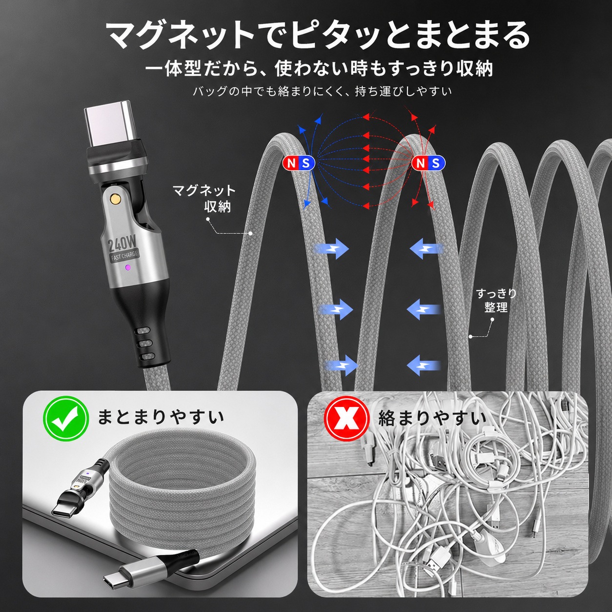 PD240W対応 マグネット収納 Type-Cケーブル｜片側540°回転・データ転送対応 1m グレー DTC-MSC
