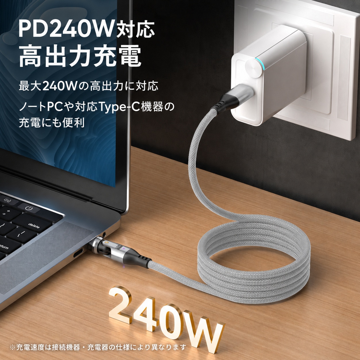PD240W対応 マグネット収納 Type-Cケーブル｜片側540°回転・データ転送対応 1m グレー DTC-MSC