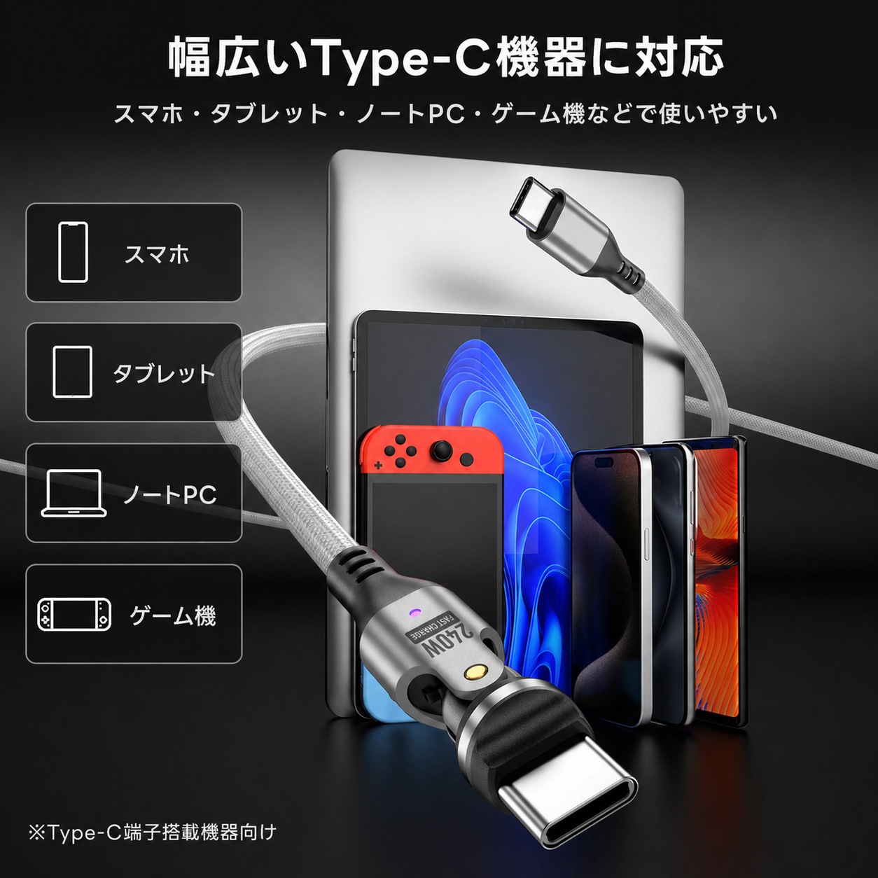 PD240W対応 マグネット収納 Type-Cケーブル｜片側540°回転・データ転送対応 1m グレー DTC-MSC