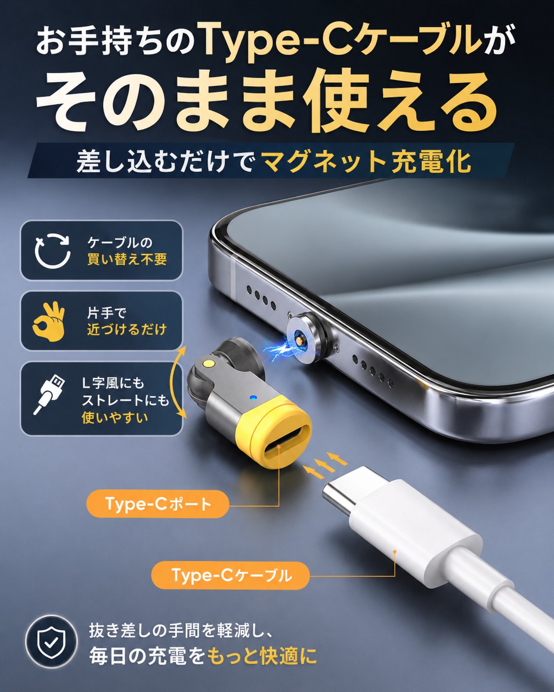 1PIN マグネット変換アダプター マグネットケーブル 3in1 Type-C Lightning MicroUSB 充電専用 iPhone17/16/15 Android スマホ 磁石 着脱式 540度回転 携帯用 超小型 お持ちのType-Cケーブル 瞬時にマグネット接続に変換