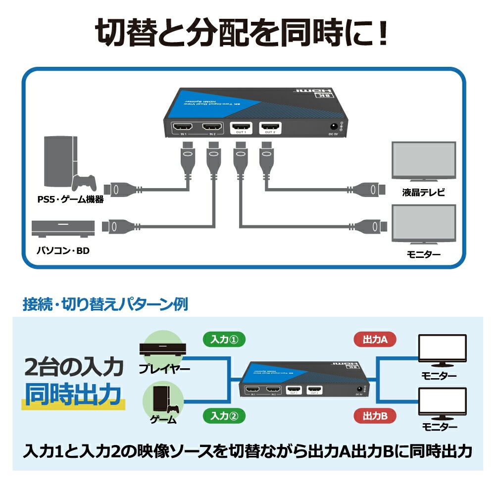 【切替+分配】HDMI 8K 切替器 分配器 2入力2出力 同時出力 HDR Playstation5 XBOX 4K@120fps VRR HDCP2.3 PC BDレコーダー 任天堂Switch スイッチャー セレクター スプリッター 1080P@120Hz