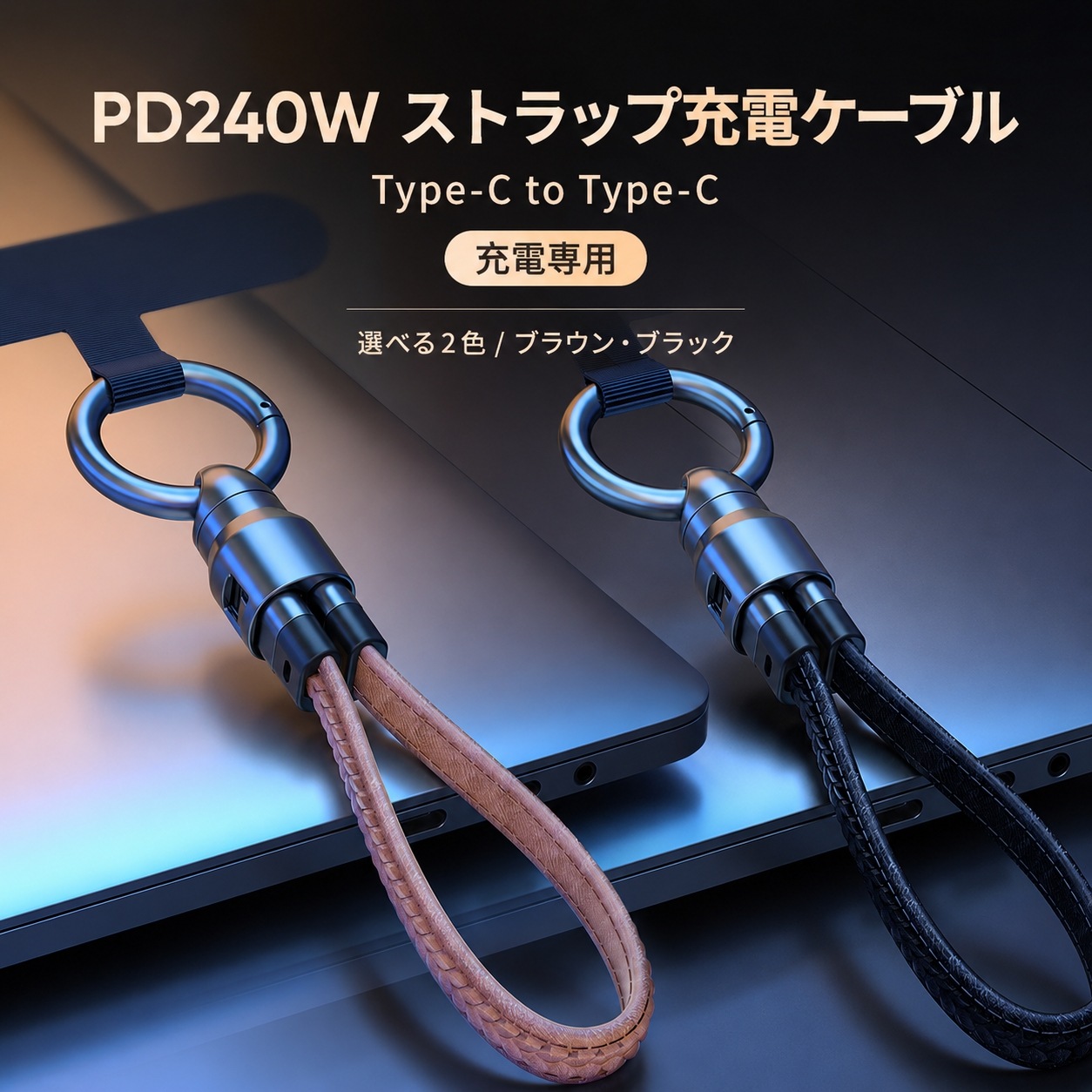 PD240W対応 Type-C レザー ストラップ 充電ケーブル｜短い CtoC 充電専用ケーブル キーホルダー DTC-STP-LTH