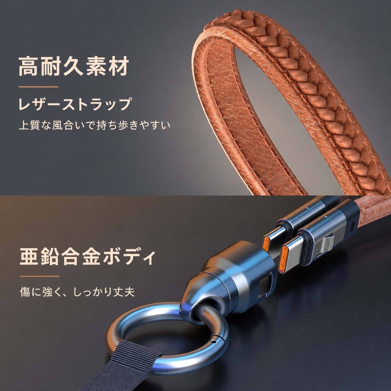 PD240W対応 Type-C レザー ストラップ 充電ケーブル｜短い CtoC 充電専用ケーブル キーホルダー DTC-STP-LTH
