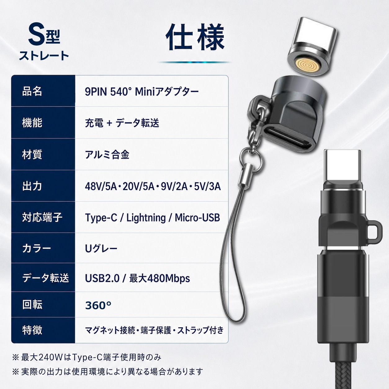 【単体】DAIAD 9PIN マグネット充電 ミニ変換アダプター ストレートタイプ PD240W対応 Type-Cケーブル用