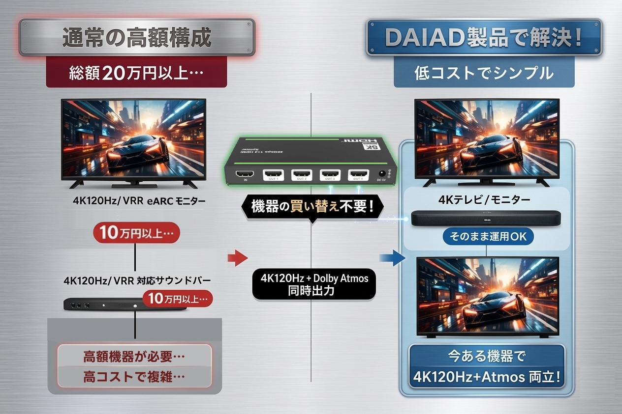 DAIAD HDMI分配器 1入力2出力 [8K 60Hz / 音声分離 / HDCP 2.3対応] 4K@120Hz VRR Dolby Atmos DD+パススルー