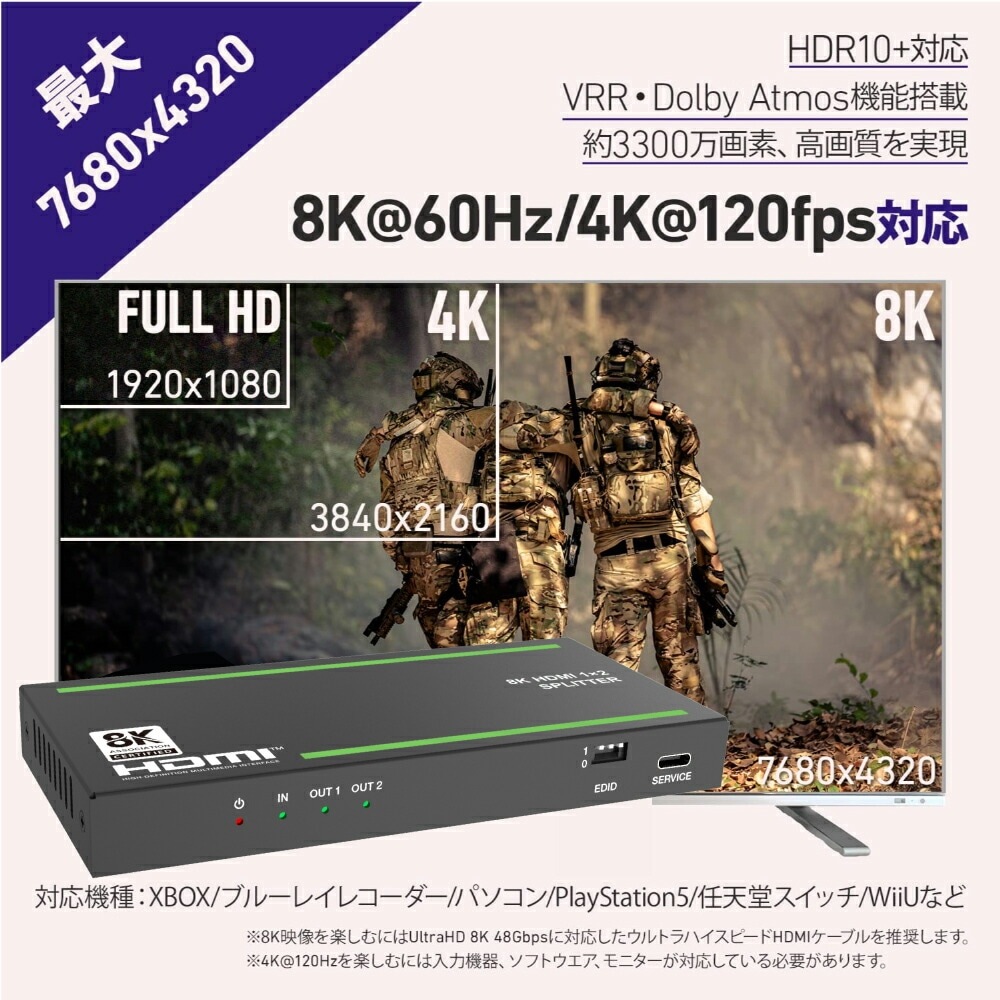 【分配+音声分離+パススルー】HDMI スプリッター 8K 光デジタル出力 HDMI2.1 HDCP2.3 4K@120Hz VRR ALLM HDR EDID PS5 XBOX PC ブルーレィレコーダー 同時出力 液晶テレビ モニター ディスプレイ Dolby Atmos 120Fps ゲーミング キャプチャー