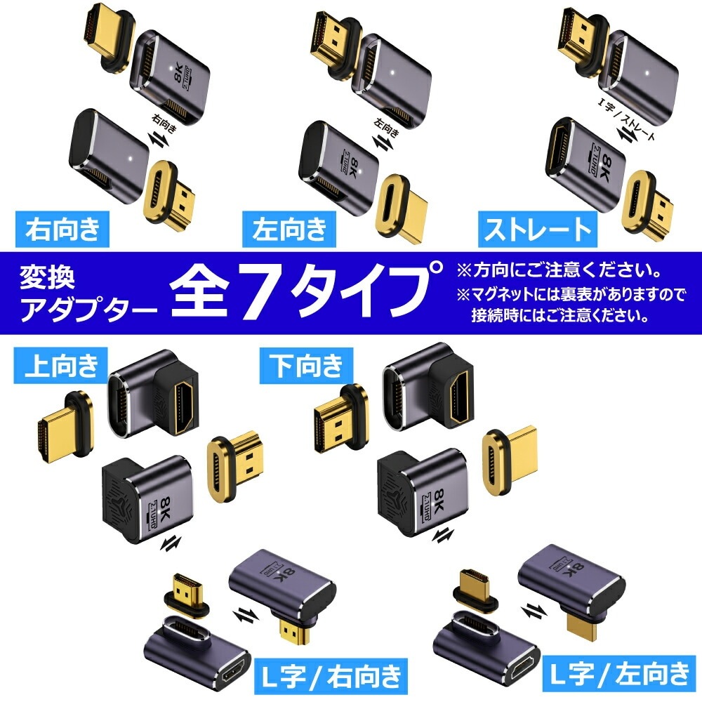 【近づけるだけ 楽々接続】HDMI ケーブル マグネット L字 磁気 変換 アダプター オス メス コネクタ 延長 8K@60Hz 4K@120Hz 金メッキ TV 液晶テレビ ブルーレィレコーダー モニター プロジェクター PS5 任天堂スイッチ ノートパソコン タブレット LED