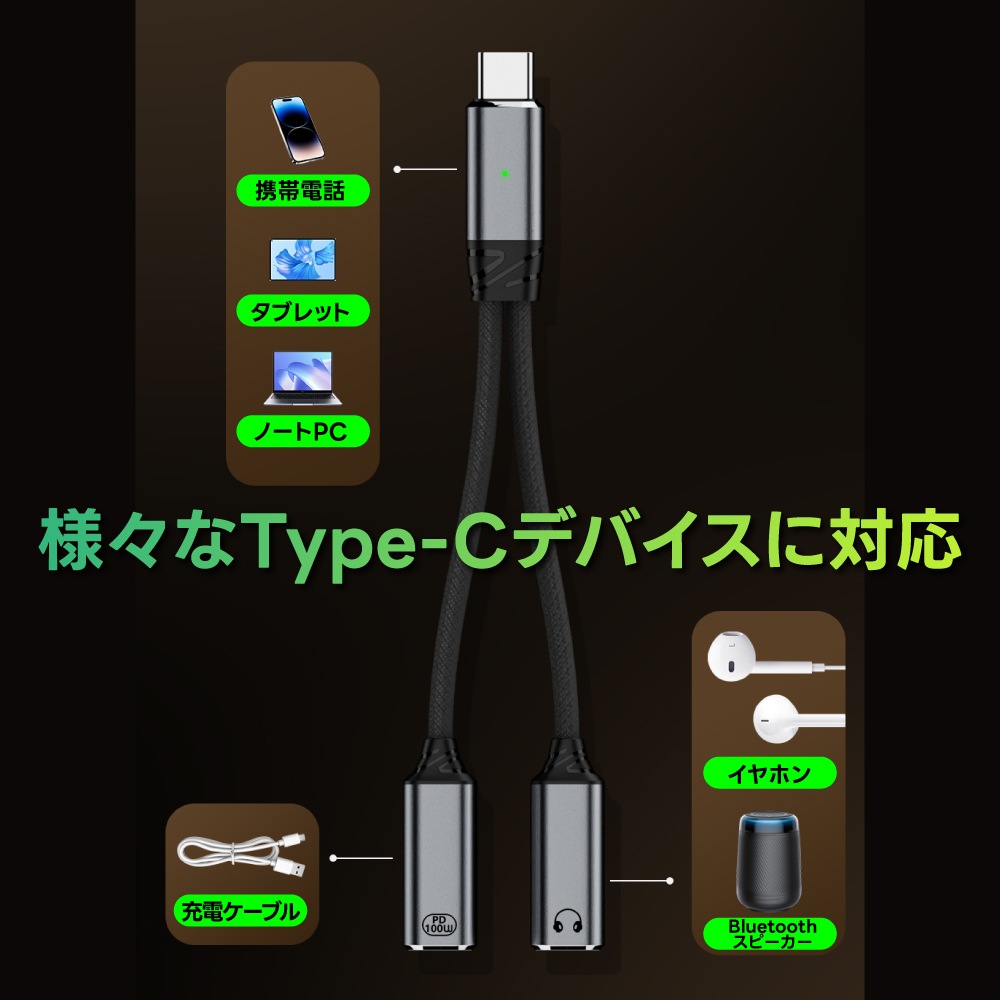 DAIAD Type-C to Type-C 2in1 イヤホン＆充電アダプター [PD 100W / 高音質DAC内蔵]