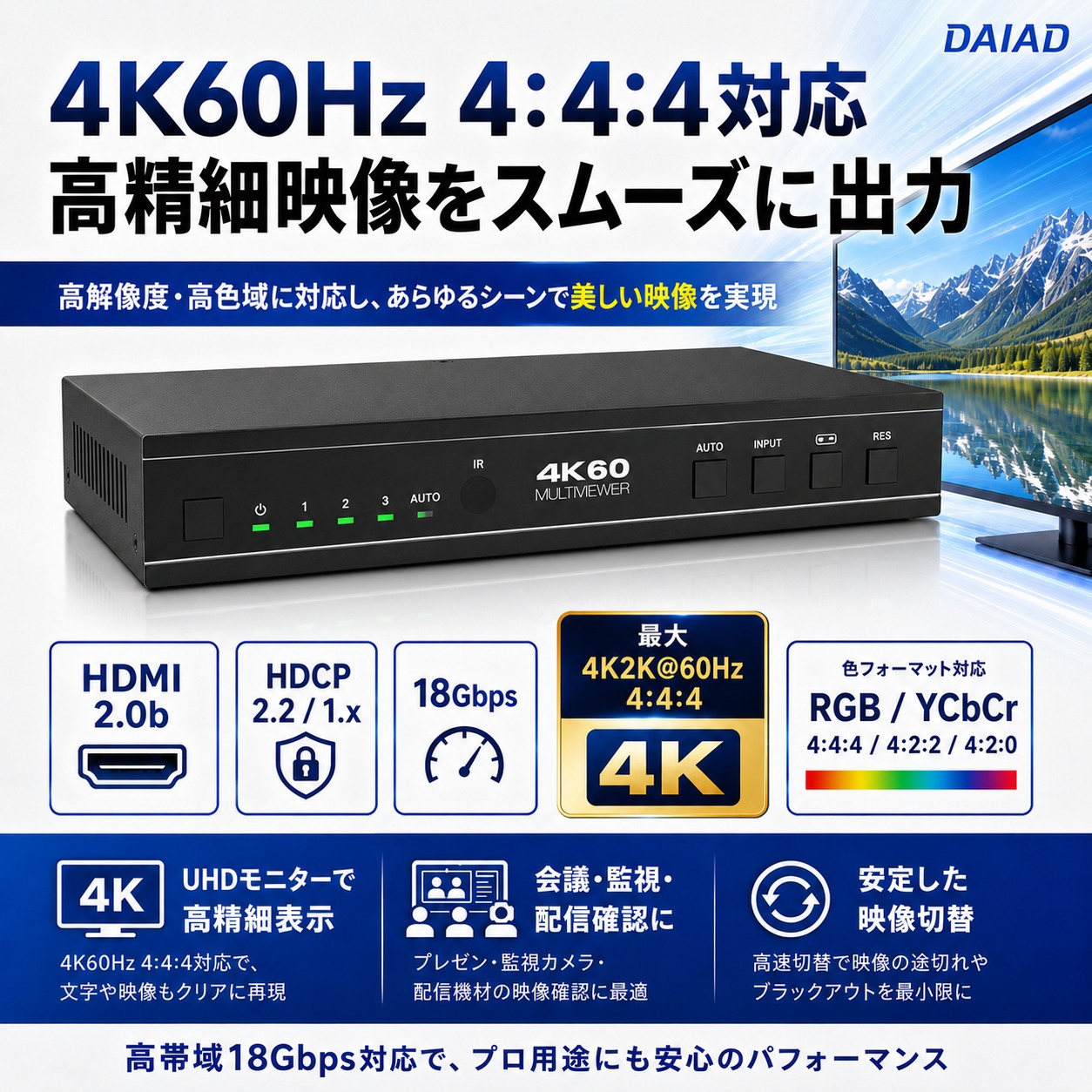 DAIAD 4入力1出力 マルチビューワー [4K60Hz / シームレス切替] HDMI切替器 画面分割表示 4画面同時表示 PIP PBP Quad表示 音声分離 光デジタル RCA出力 IRリモコン