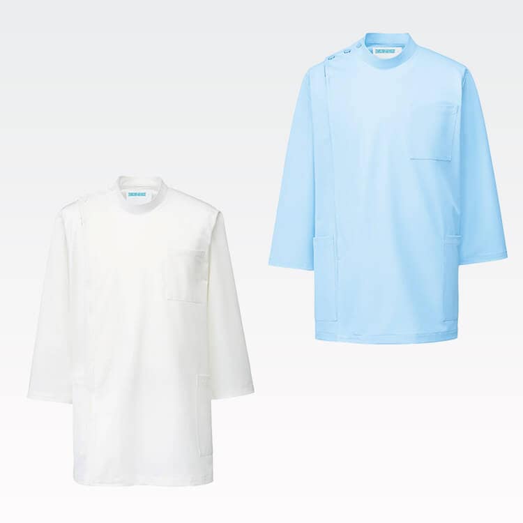 【ケーシー白衣 メンズ】７分袖・ニット素材  ブルー ホワイト  看護師ウェア / ドクター診察衣  男性用