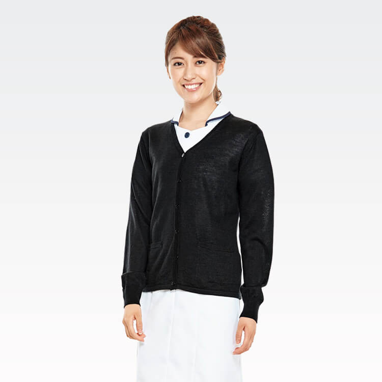 【ナース カーディガン】薄手「毛玉が出来にくい素材」アクリル70％ ウール30％ ポケット付き  ネイビー ブラック  S～LL/着丈60ｃｍ (FOLA303)