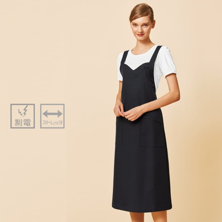 【エプロンドレス】 業務用制服・ポリ100％  制電素材  肩ヒモ3段調整  M・L　黒色