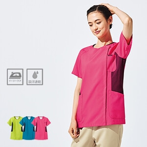 【医療用スクラブ レディース】ファスナー付き「シワになりにくい素材」 S～４L 3色 / 看護ウェア