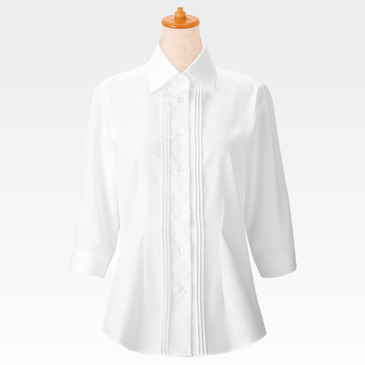 【レストラン制服ブラウス 七分袖】 レディースピンタックシャツ・ 防汚/7～15号