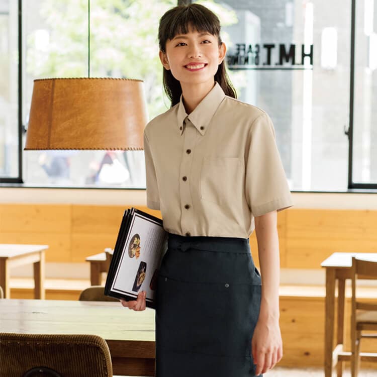 【飲食店ユニフォーム半袖シャツ】 男女兼用・ボタンダウン　SS～3L / 店舗制服 (BOS33308)