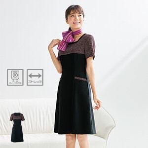 【受付制服半袖ワンピース】チェック柄・スカート部分ストレッチ （家庭洗濯可） 5～15号  医療事務・ショールーム/接客ユニフォーム