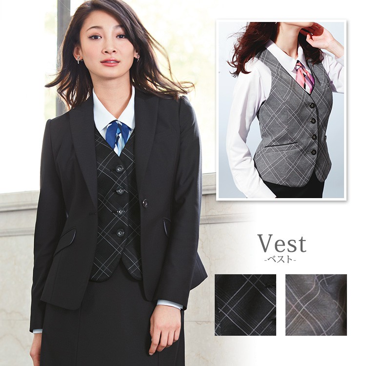 【事務服ベスト】会社制服・チェック柄・ニット素材「大きめポケット」家庭洗濯可 5～19号/enjoyスカーフループ付き