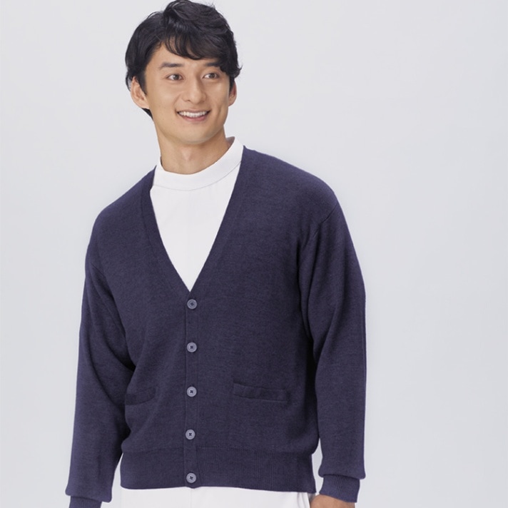 【カーディガン着丈67ｃｍ メンズ】 「毛玉の出来にくい素材」 M～5L アクリル70％ウール30％　ネイビー/グレー (SAA203)