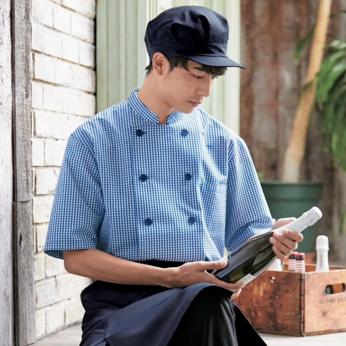 【洋菓子店制服 半袖 】男女兼用・ギンガムチェック柄 4色 ポリ80％、綿20％  SS～3L/飲食店ユニフォーム
