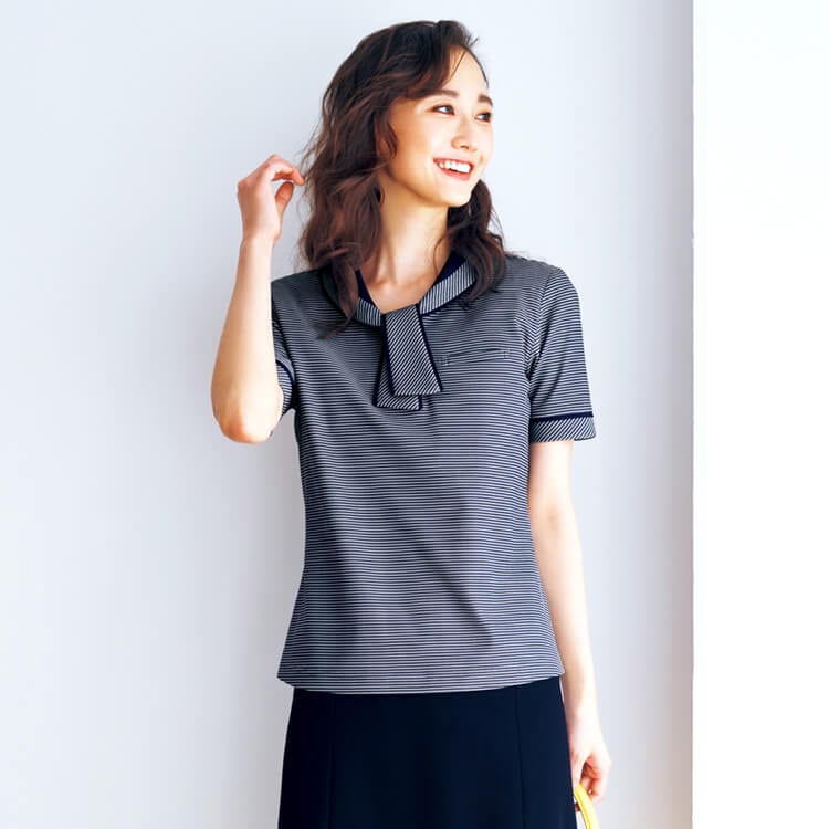 【事務服ポロシャツ】 ボーダー柄 タイ付 透け防止 S～３L　2色