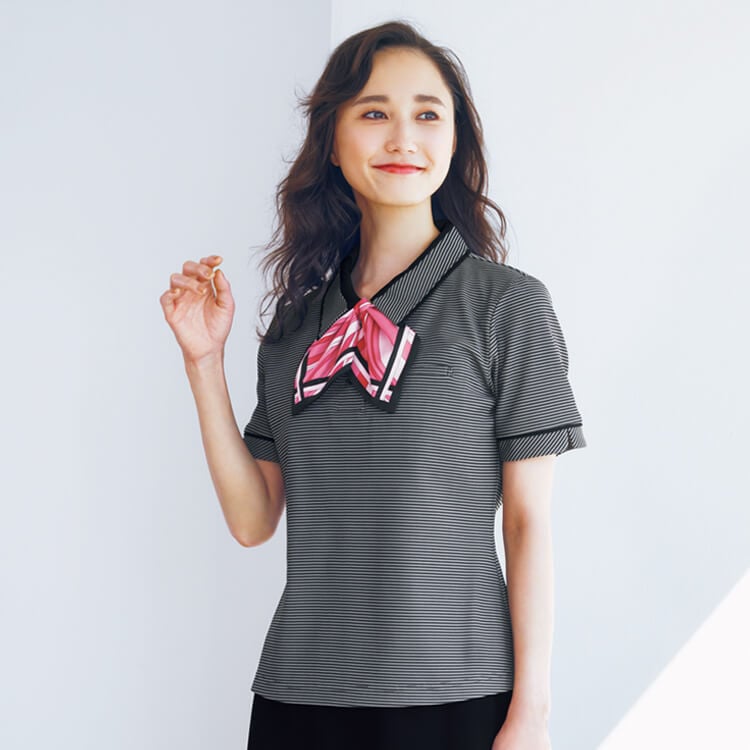 【事務服ポロシャツ】 会社制服 夏服 ボーダー柄  透け防止  速乾  リボン付  S～3L　女性用