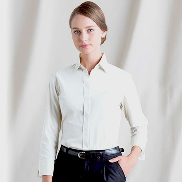 【レストラン制服ブラウス 七分袖】 レディース開襟シャツ・比翼ボタン 3色  7～15号/ 店舗ユニフォーム