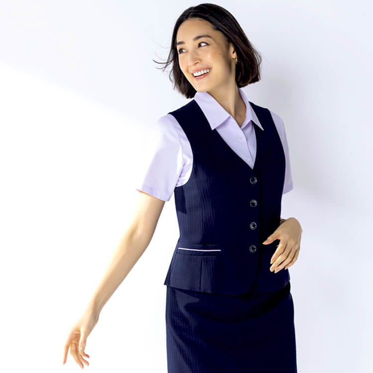 【事務服ベスト 夏服】ストライプ柄・会社制服・ネイビー （家庭洗濯可） 5～23号 (SEL03811)