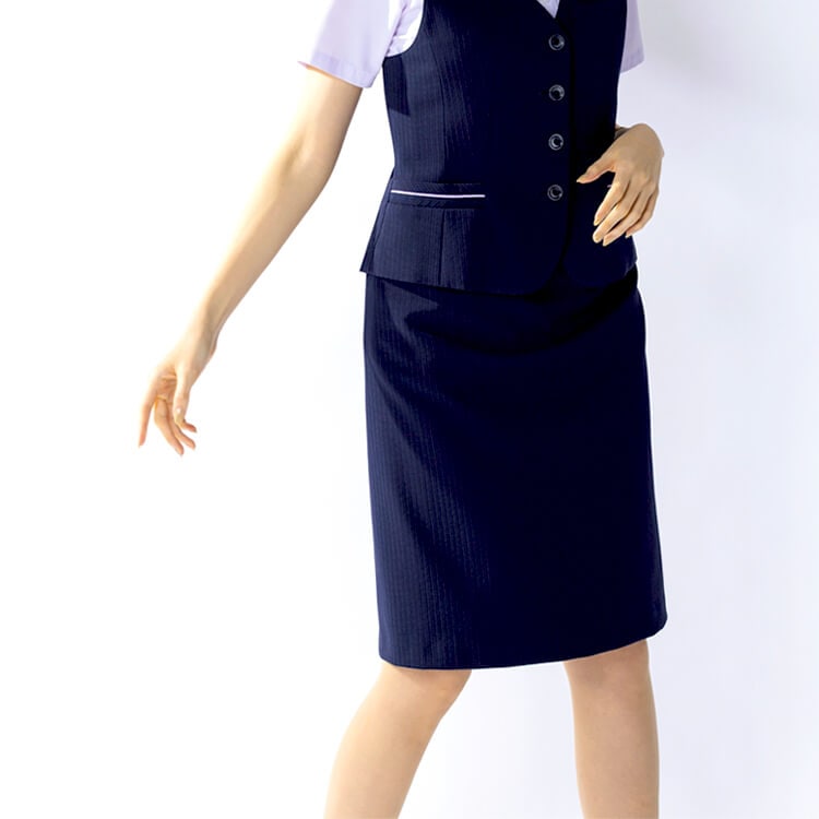 【事務服スカート 夏服】 「涼しい高通気素材」 ストライプ柄・スライドホック・ネイビー （53cm丈・家庭洗濯可）/会社制服