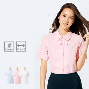 【事務服ブラウス 半袖】 取外し可 共布リボン付　ポリ100％ 5～19号　3色  女性業務用シャツ/セロリー (SEL3600)
