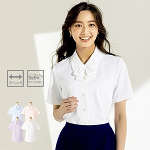 【事務服ブラウス半袖】 消臭素材  取外し可リボン付 透け防止　4色　TioTio/セロリー