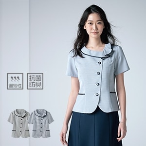 【事務服オーバーブラウス】 ボーダー柄・抗ウィルス 「通気度抜群！」 5～19号 2色 夏の会社制服　TioTio/セロリー