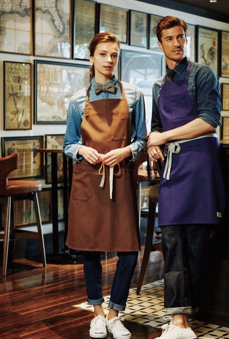 【レストランエプロン】 首ヒモ長さボタン調節・ダスター掛けループ付き・前中心丈85cm/飲食店ユニフォーム (CHIT8337)