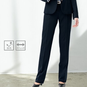 【事務服パンツ】 ストレッチ ・ 防汚加工 ・ （家庭洗濯可） 5号～19号 ブラックネイビーストライプ 会社制服