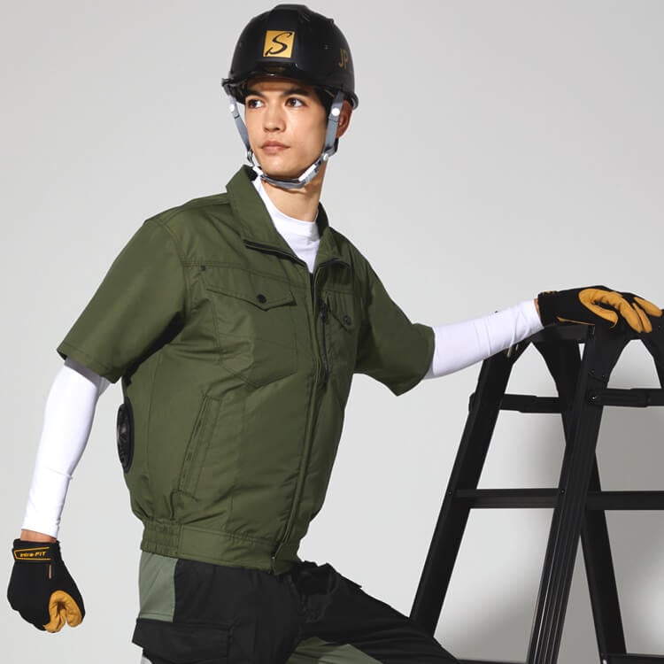 【空調風神服用 半袖ブルゾン】 「保冷剤用ポケット付き」 カーキ・グリーン・シルバー　M～5L サンエス/作業着のみ