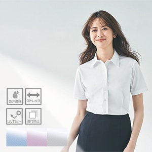 【事務服半袖ブラウス】　ノーアイロン・ストレッチ  ポリエステル100%  5～19号　ホワイト ブルー　ピンク (KAHESB691)