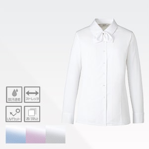 【事務服リボン付き 長袖ブラウス】ストレッチ ノーアイロン ポリ100%  5～19号　3色 (KAHEWB692)