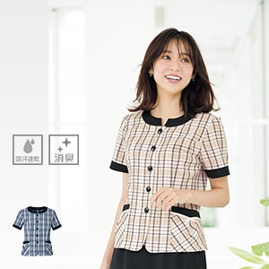 【事務服オーバーブラウス】チェック柄・会社制服夏服・吸水速乾  5～21号　2色　店舗ユニフォーム/女性用