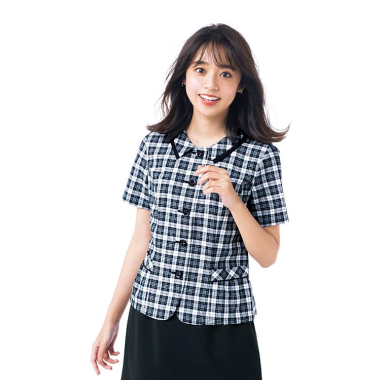 【事務服オーバーブラウス チェック柄】 会社制服夏服・防透け・消臭素材  5～21号　ブルー/ピンク