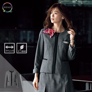【受付制服ジャケット】 ノーカラー 抗菌防臭 環境配慮エコ素材 5～21号 グレー/オフィスユニフォーム